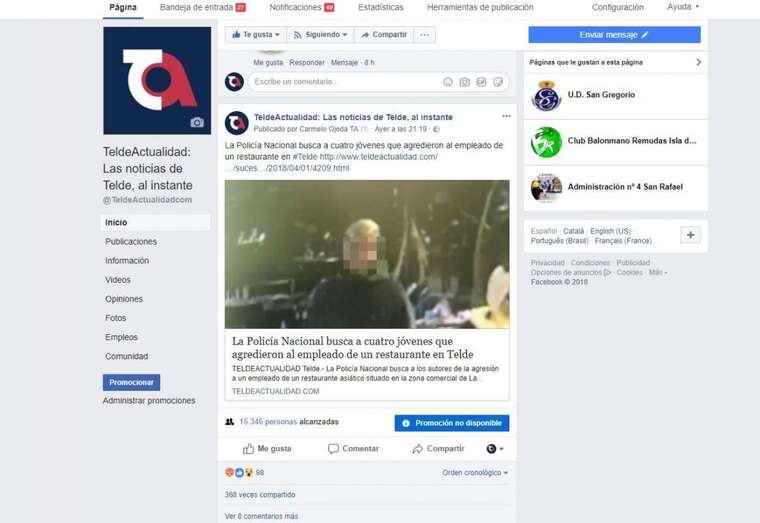 Página de Facebook de TELDEACTUALIDAD con la noticia referida a la brutal paliza (Foto TA)
